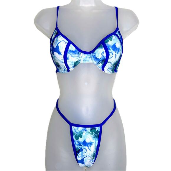 New Small Blue Floral Adjustable Bikini Swimsuit Set‎ Underwire Balconette Retro - Picture 2 of 6